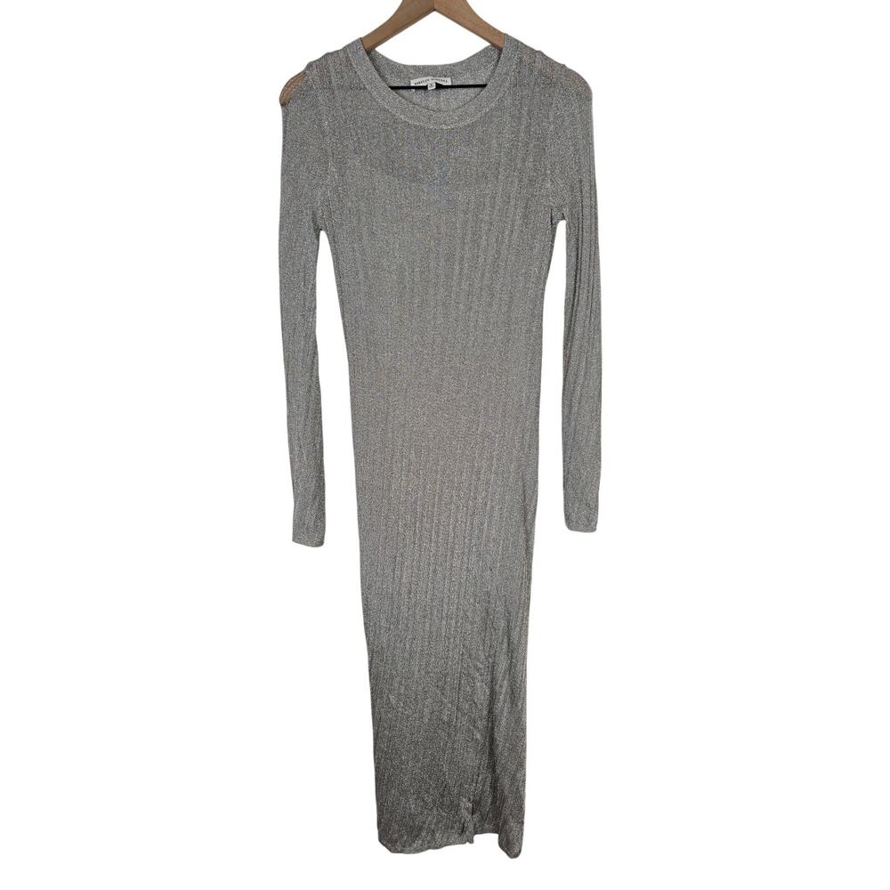 Rebecca Minkoff Abbey Silver Metallic Ribbed Midi Dress M Flawed